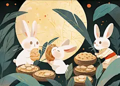中秋满月兔子吃糕点赏月插画卡通唯美手绘可爱古风插画壁纸