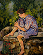 Painting of a light-skinned girl with short, curly, dark brown hair sitting on a low stone wall. She leans against one of her legs propped up on the wall, the other leg dangling off the side. She wears a blue dress with patterns, and is surrounded by lush