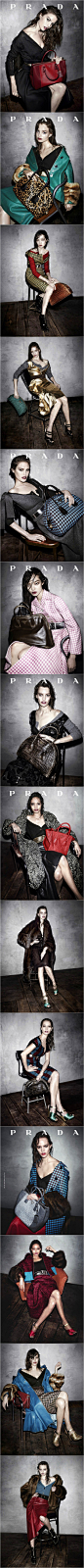 Prada Fall/Winter 2014 Campaign，一向走文艺腔调的Prada这次把广告片拍的相当女人，秋冬秀场上湿漉漉的头发和小露香肩的造型照搬到广告片中，大走性感诱惑妩媚路线，眼神也处处流露着“豪门闺怨”的气质。这次的模特阵容也很强大，超模Freja Beha Erichsen、Catherine McNeil和中国的孙菲菲都在其中.