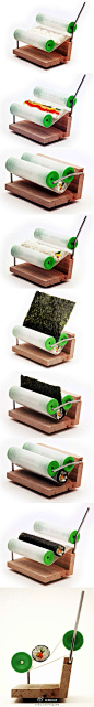 #创意家居#Sushi Roller寿司滚筒由德国设计团队Osko + Deichmann设计,如果你没有长时间的锻炼，用传统的竹席来做，很难做好。图中的设计解决了这个问题，让所有人都可以在家里做出标准美味的寿司。（@海派名家）
