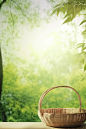 an empty basket sits on a table with trees in the background, in the style of flat backgrounds, ethereal foliage, chinapunk, playing with light and shadow, white background, dreamy and romantic, digitally enhanced