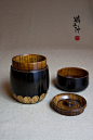 鹤山冲 黑漆赤漆雕刻菊花底茶入茶筒茶叶罐