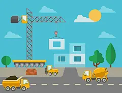 使用建筑机械和已建造的建筑的施工过程。建筑工地和混凝土搅拌机、塔式起重机和卡车。矢量插图
