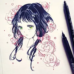 一组可爱长发美少女针管笔手绘，美轮美奂~