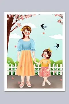 温馨母亲节母女亲子互动插画