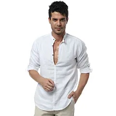 svdoanu新品 男士亚麻衬衫 长袖休闲款立领套衫白上衣亚麻男衬衫