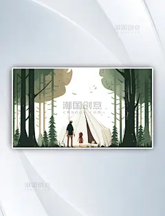扁平风格帐篷亲子森林唯美插画图片_潮国创意