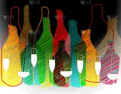玻璃杯,酒瓶,彩色背景,夜晚,矢量,含酒精饮料,请柬,菜单,剪影,庆祝