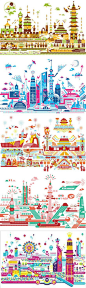 【中国城市系列插画】KARAS居住在江苏无锡的一位插画家。这组作品是插画家利用简单的几何图形和漂亮的色彩记录并描绘出北京、上海、广州、西安和香港这几个中国的大都市在其脑海中的美丽印象，从画面中我们可以看到这些城市中典型的建筑物和特有的城市风貌。