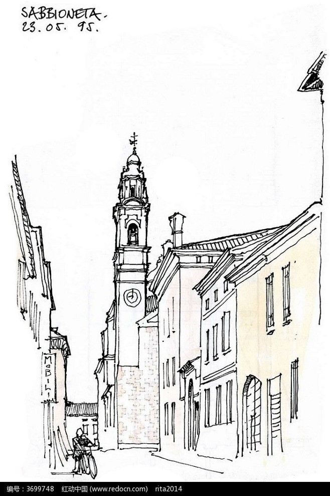 欧式钟楼建筑街景手绘线稿画_活动场景图片