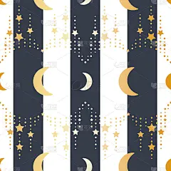 向量新月与星链在金色条纹无缝模式背景。完美的织物，剪贴簿和墙纸项目。