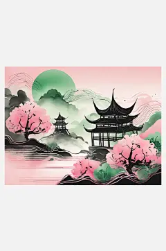 粉绿风景水墨画AI数字艺术-众图网