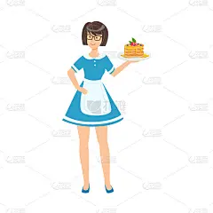 拿着装有煎饼的盘子的服务员，一部分快乐的人们和他们的职业向量人物的集合