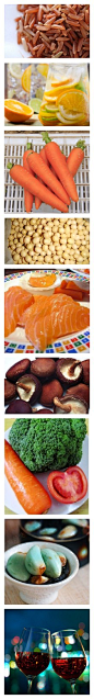 1红米
红米含有丰富的淀粉与植物蛋白质，可补充消耗的体力及维持身体正常体温。
2橙
在众多的水果类别中，以带酸性的水果含较多维他命C，
3胡萝卜
排毒美容减肥补血
4黄豆
保护心脏，预防乳癌骨质疏松的情况。
5三文鱼
三文鱼的脂肪乃奥米茄3号脂肪酸，属有益的类别。
6菌类
食用菌的营养价值：高蛋白，无胆固醇，无淀粉，低脂肪，低糖，多膳食纤维，多氨基酸，多维生素，多矿物质。
7西兰花
它是一种对女人非常有用的抗衰老食物。
8大蒜
强力杀菌 排毒清肠 预防感冒
9红酒
喝红酒