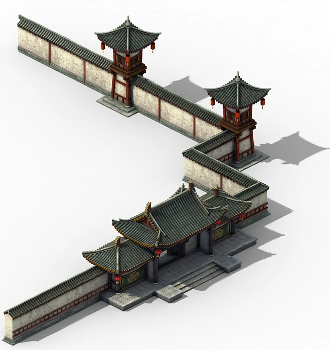 中国古代军营门口建筑模型营地瞭望塔围墙-花瓣网