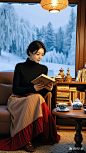 真实摄影，画面逼真，大师杰作。背景是白色的山洞小屋，屋顶挂着一盏灯，地面摆放着柔软的咖色地毯，温馨的沙发，精致的茶几，小巧的书架。屋内还有一个宽敞的木框飘窗，飘窗上放置着一套茶具。窗外是雾凇岛，湖面柳