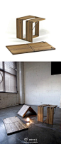 #阿卡手工-创意#澳大利亚设计师Craig Ernest Byrne设计的这把折叠板凳采用将极简主义发挥到极致，凳子由一块木板做成，折叠处通过铁销和轴承连接。平放时为一块平面，非常节省空间；支起时，通过两个U型卡子固定，拔下U型卡即可完成拆卸。简洁、结实，适用于不同的空间。