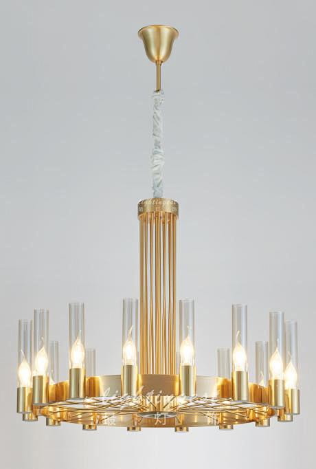 现代美式全铜玻璃蜡烛圆柱吊灯