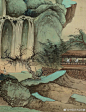 #大风堂画派#【 张大千 《仿宋人山寺图》 】镜心，绢本设色，136×75cm。题识：“宋人山寺图，蜀郡张爰拟之。” 此图乃张大千先生在抗战胜利后，离开大陆之前，力追五代北宋山水画高峰期的得意之作，图中的丘壑具有北宋之雄而其笔墨兼有文人之雅，细观其多变之山石皴法及造型，为大千融合古人、置身北... http://m.weibo.cn/client/version