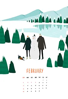 雪地浪漫 淡彩手绘 闲适活动  手绘日历设计PSD tid288t000673