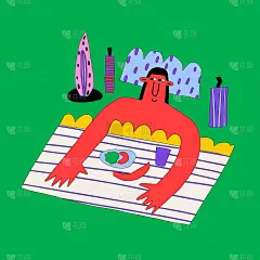 少数民族妇女在床上吃饭。周末早餐。工作生活平衡和自爱观念。手绘色彩丰富的风格。体表示平面矢量