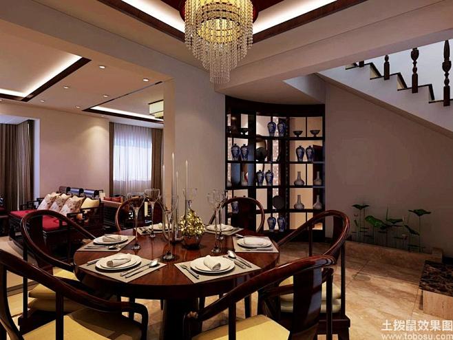 中式古典装修样板房之餐厅博古架效果图