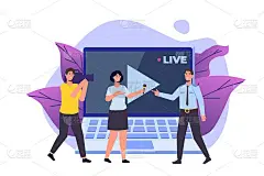 电视记者角色、记者专场记者和摄像人概念。矢量插图。