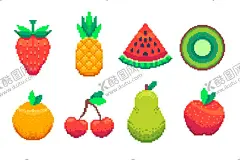 像素水果图标 【酷图网】像素水果,像素水果插画,像素水果图标,像素菠萝,像素草莓,像素西瓜,像素猕猴桃,像素樱桃,像素橙子,像素苹果,