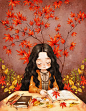 秋天的落叶，漂亮的书签 ~ 来自韩国插画家Aeppol 的「森林女孩日记」系列插画。