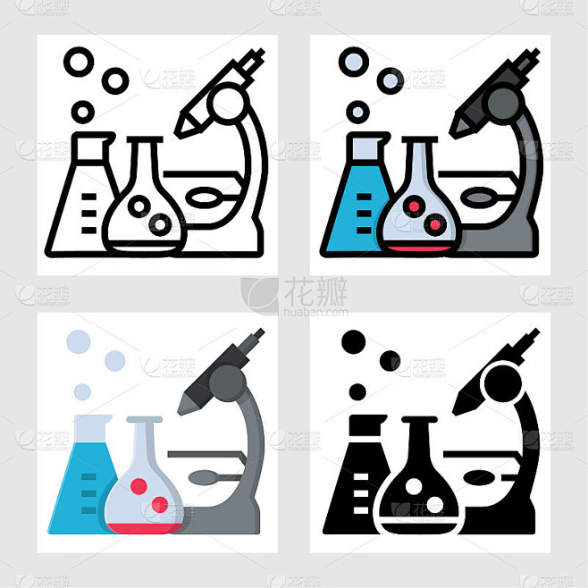 化学图标矢量设计在填充，细线，轮廓和扁平的风格。