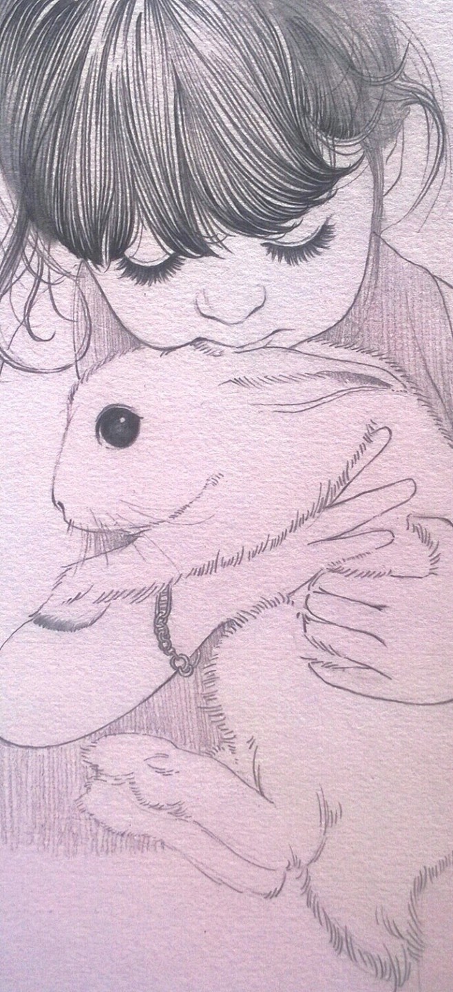 黑白线描  抱兔子的小女孩