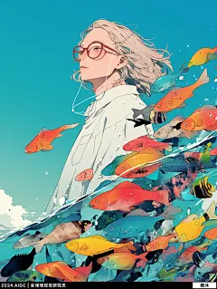 9 幅治愈系 AI 插画之旅，凝视艺术与设计的深邃对话！ : 凝视着那在过往的岁月积累，思想的艺术亦如鱼群的色彩时代的技术，勾勒出黑白之间的无声对白是否不再被社会需要、怀疑、思考、反思总是在探索着设计与艺术的意义性路途虽然遥远、现实或许残酷、但热爱的思绪亦如大海的宽广与包容，持续的探索着属于自己的意义与价值性提示词参考：A longhaired blonde man wea...