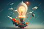 Light bulb and rocket ship against a backdrop of stars and galaxies The light bulb represents innovation and the rocket ship symbolizes progress and growth Generated by AI