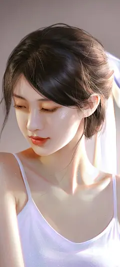好看居家美女 白色睡衣 动漫插画 侧脸美女手机壁纸