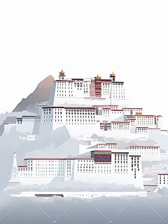 布达拉宫被白色浓雾包围，佛教禅宗平面插图海报