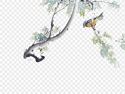 水墨花鸟中国风PNG免抠素材-水墨画-水...