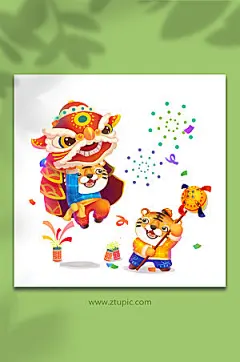 手绘可爱虎年卡通舞狮小老虎插画
