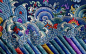 传统纹样：海水江崖纹常饰于古代龙袍、官服下摆的吉祥纹样。水中立一山石，并有祥云点缀。寓意福山寿海，也有一统江山的含意。
