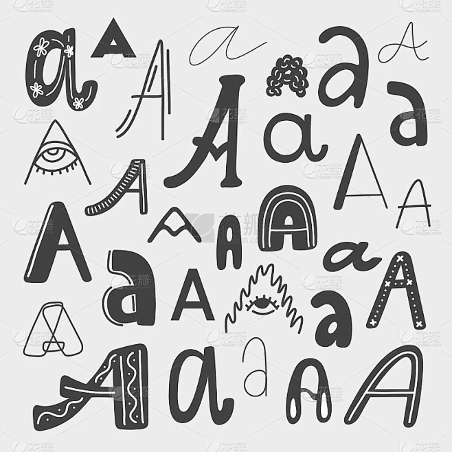 矢量手画一组不同的字母A。可爱的标识Id设计，社交媒体内容素材-花瓣网