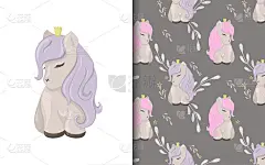 一套矢量无缝背景和插图与小马。矢量婴儿插图卡通手绘风格的印刷在衣服，室内设计，包装，印刷。
