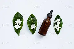香精油与茉莉花和叶在白色。