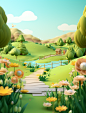 floral 3d scenery to showcase green and yellow trees and flowers, in the style of cartoonish characters, serene pastoral scenes, soft-focus technique, ferrania p30, cute cartoonish designs, uhd image, innovative page design