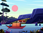 Landscape countryside house natural sunrise flower sunset rivers boat tree landscape mountain travel color illustration