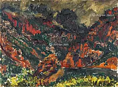 1936年作 狮岭横云 布面油画   1933年刘海粟第二次赴欧洲考察，在柏林主持“中国现代绘画展览会的”工作，展览首先在柏林普鲁士美术院举行，后又相继在汉堡、杜赛特夫、阿姆斯特丹、海牙、日内瓦、伦敦等地展出，展览同时，他一并在各地作学术演讲，近两年时间。1935年，刘海粟满载而归，带回了大量的临摹世界名作，写生与创作。对于此行蔡元培先生在一次宴请会上曾有很高的评说：“刘海粟先生此次代表吾国赴德举办中国现代画展，获得无上光荣与极大成功……由于海粟先生之努力奋斗，不避艰辛，始有此结果，此等劳绩与伟大精神，实