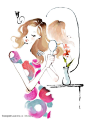手绘在化妆镜前整理头发的美女