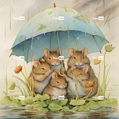 Ai产生的 老鼠 啮齿动物 家庭 雨伞 雨 花朵 自然 可爱的