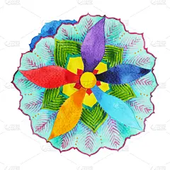 7 .色彩脉轮曼荼罗符号概念，花卉花卉，手绘水彩画图标，插画设计标志