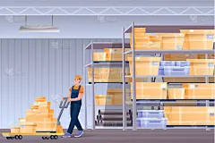 仓库工人卡通人物。搬运纸箱的杂工。仓库员工使用叉车等专业设备。分配，物流，装运孤立clipart。