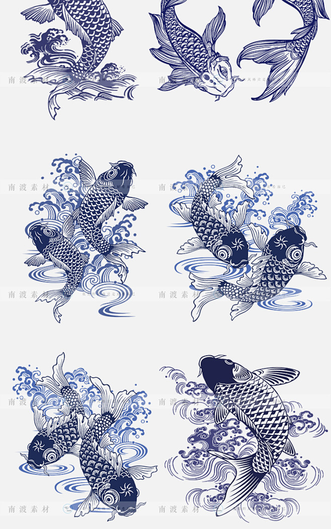 中国风日式青鲤鱼锦鲤图案传统花纹平面包装...