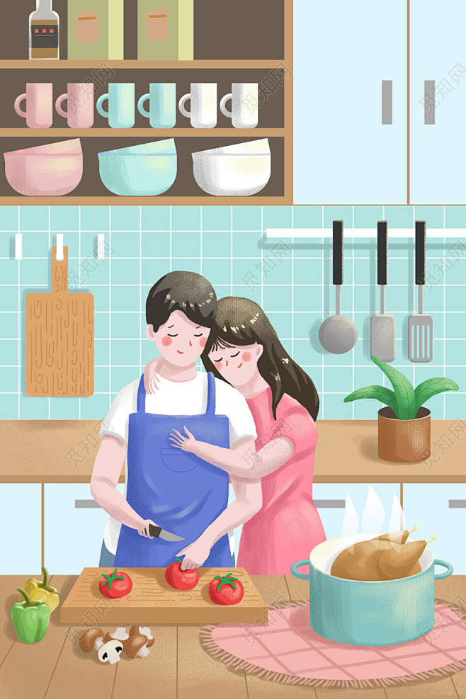 情人节插画扁平依偎在一起做饭的情侣情人节...